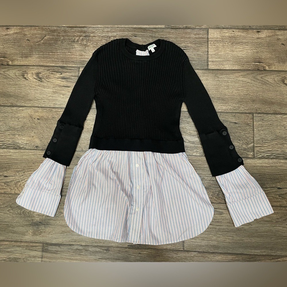 KENZO PARIS‎ LAYERED RIBBED COTTON BLEND KNIT AND COTTON POPLIN SWEATER SHIRT M